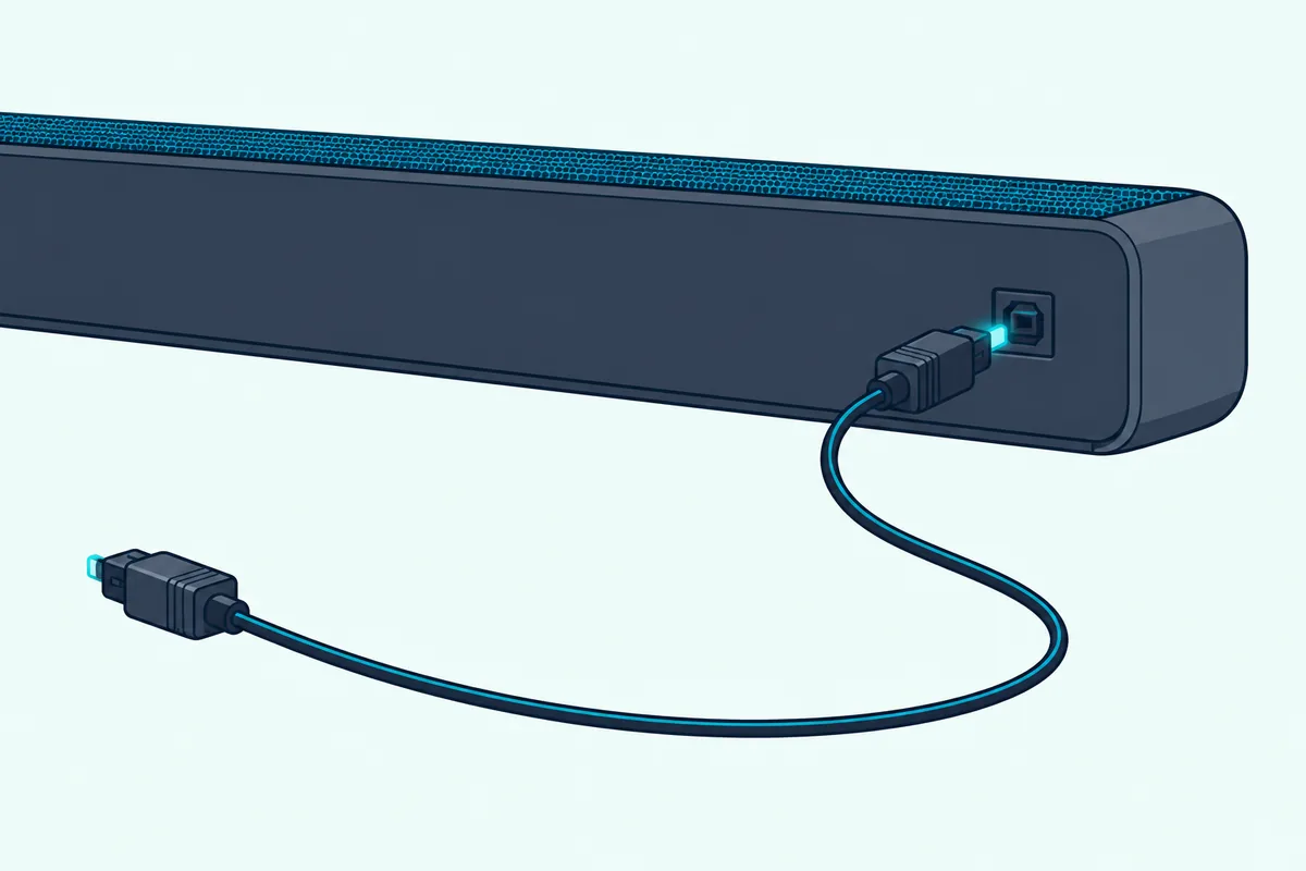 Thin TOSLINK cable with its small square plug about to go into a slim soundbar's square socket