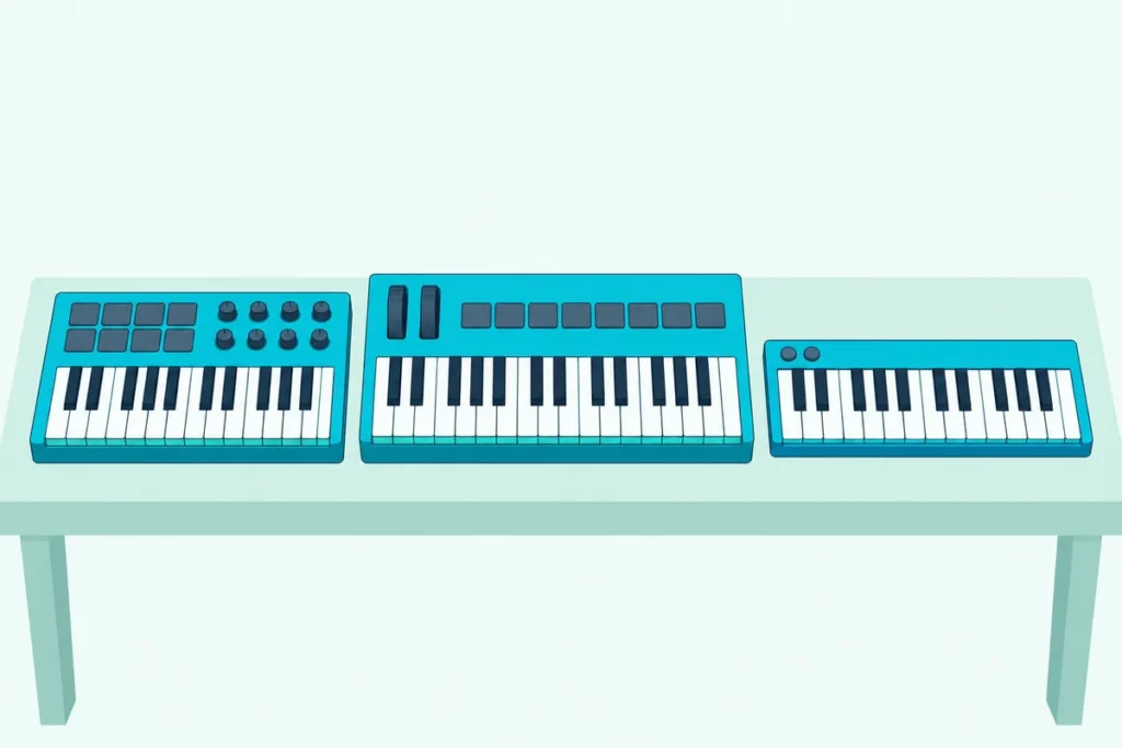 Three 25-key MIDI controllers on a desk: one with pads and knobs, one with pitch wheels and one slim keys-only board