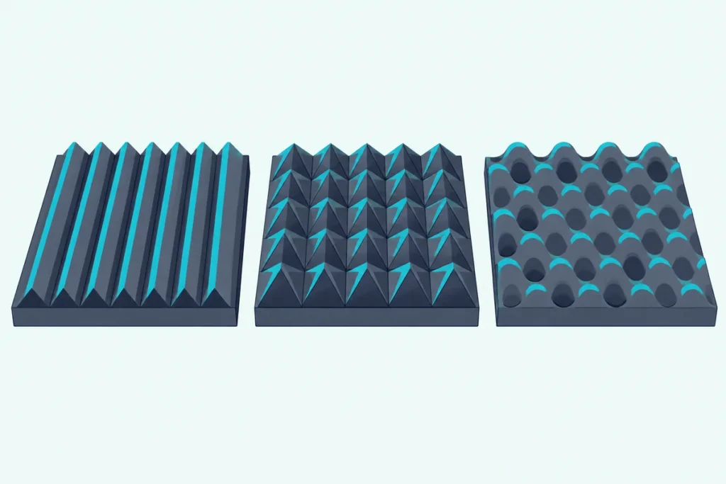 Three acoustic foam panels side by side, with wedge, pyramid and egg crate profiles