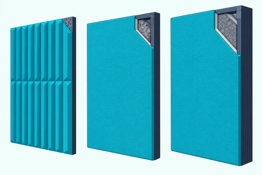 Three acoustic panels cut open, from a thin foam panel to a framed fiberglass panel and a thick hardwood-framed one