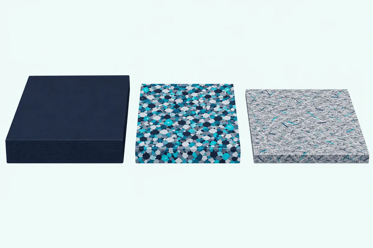 Three square carpet cushion samples side by side by thickness: dense dark rubber, speckled foam rebond and fibrous felt