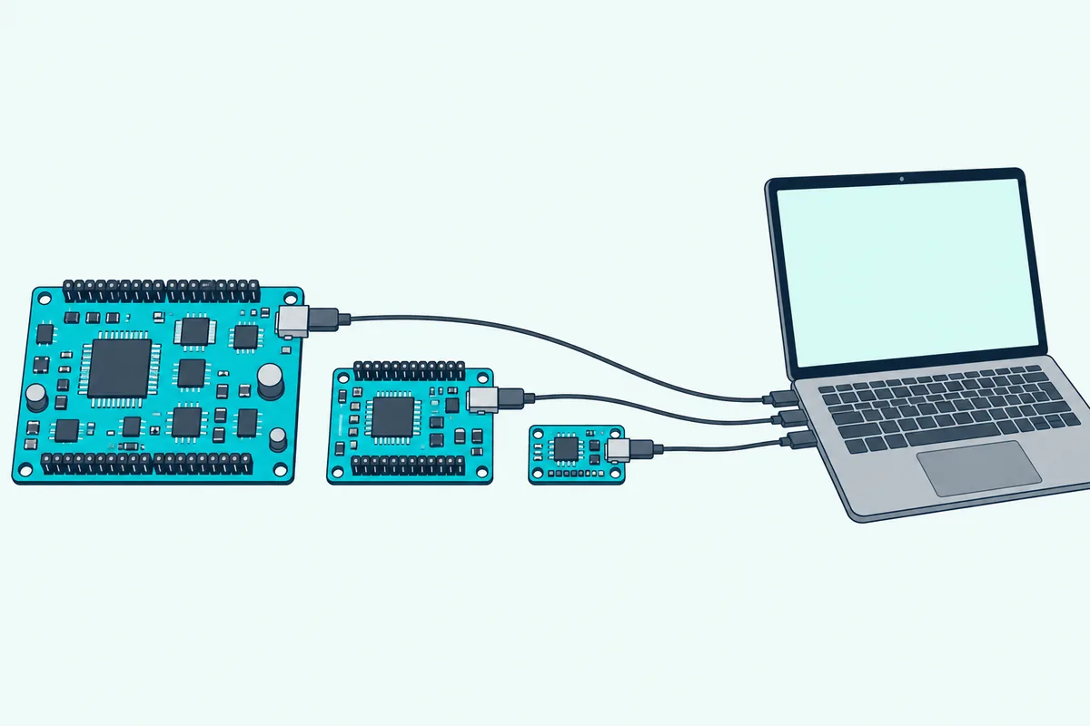 Three circuit boards from large to small each cabled to the same laptop