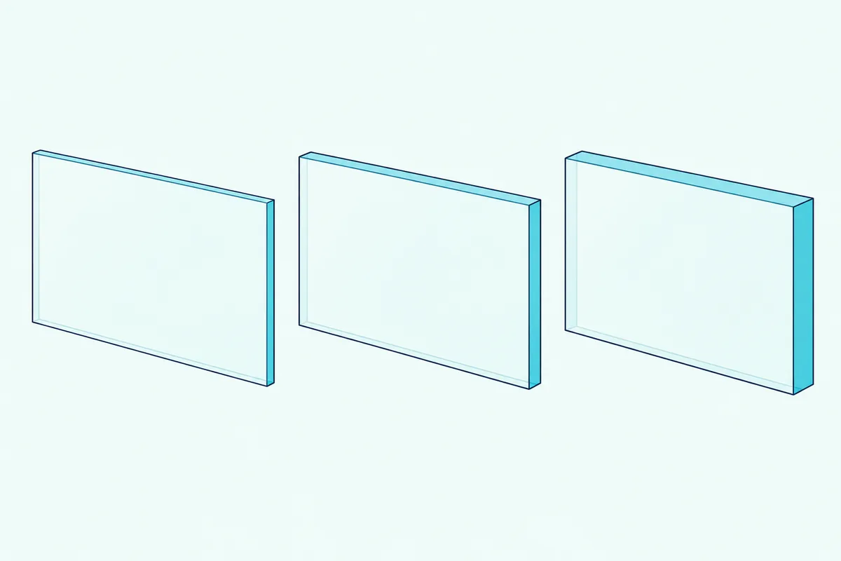 Three clear acrylic sheets of increasing thickness standing on edge in a row on a plain surface
