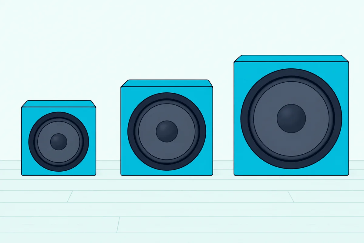 Three cube subwoofers of increasing size in a row on a wooden floor, each with a round woofer cone on its front