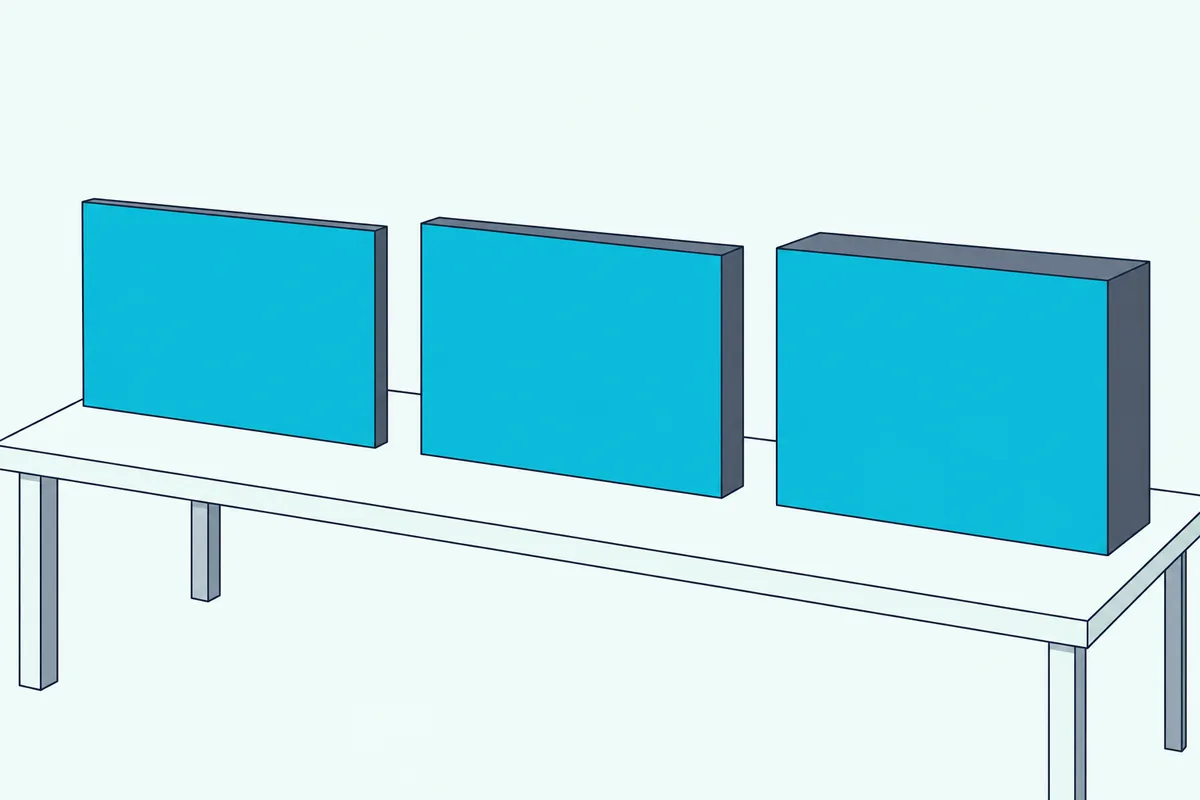 Three fabric-wrapped acoustic panels of increasing thickness standing on edge side by side