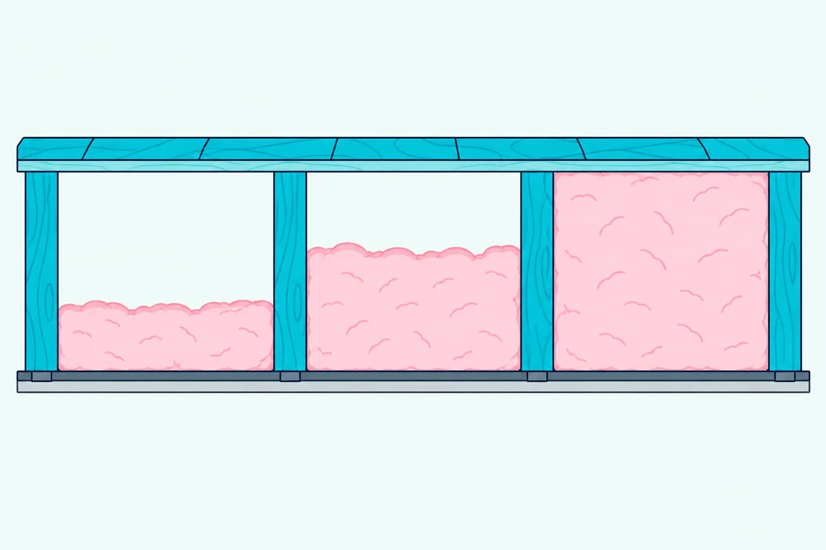 Three joist bays in cross-section with insulation filling one-third, two-thirds and all of the depth above the ceiling