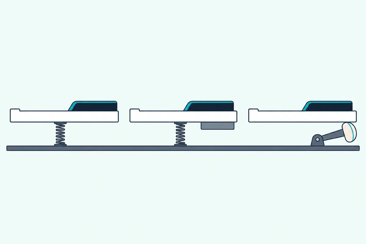 Three piano keys in cross-section side by side, one with a spring, one with a weight and one with a hammer beneath it