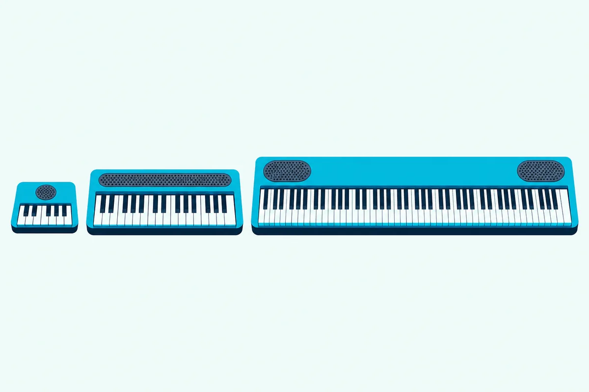 Three keyboards of different sizes each with a speaker grille above the keys