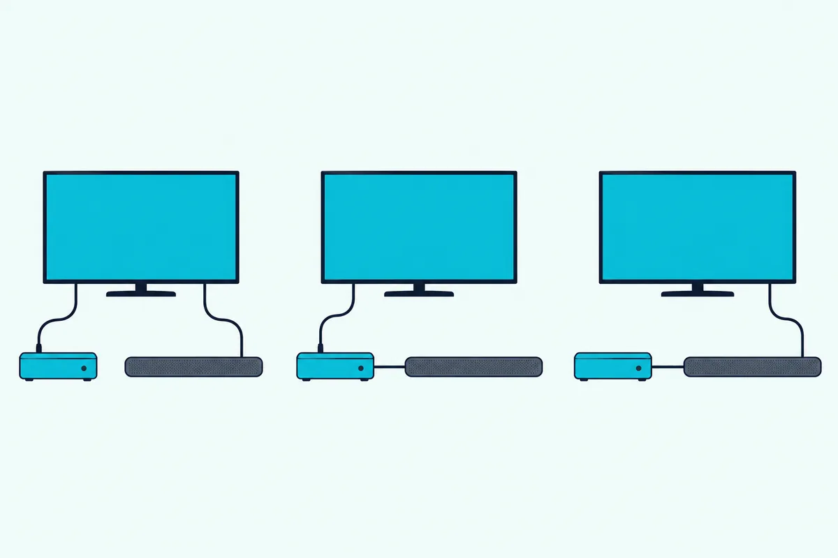 Three layouts each joining a receiver box, a TV and a soundbar in a different order