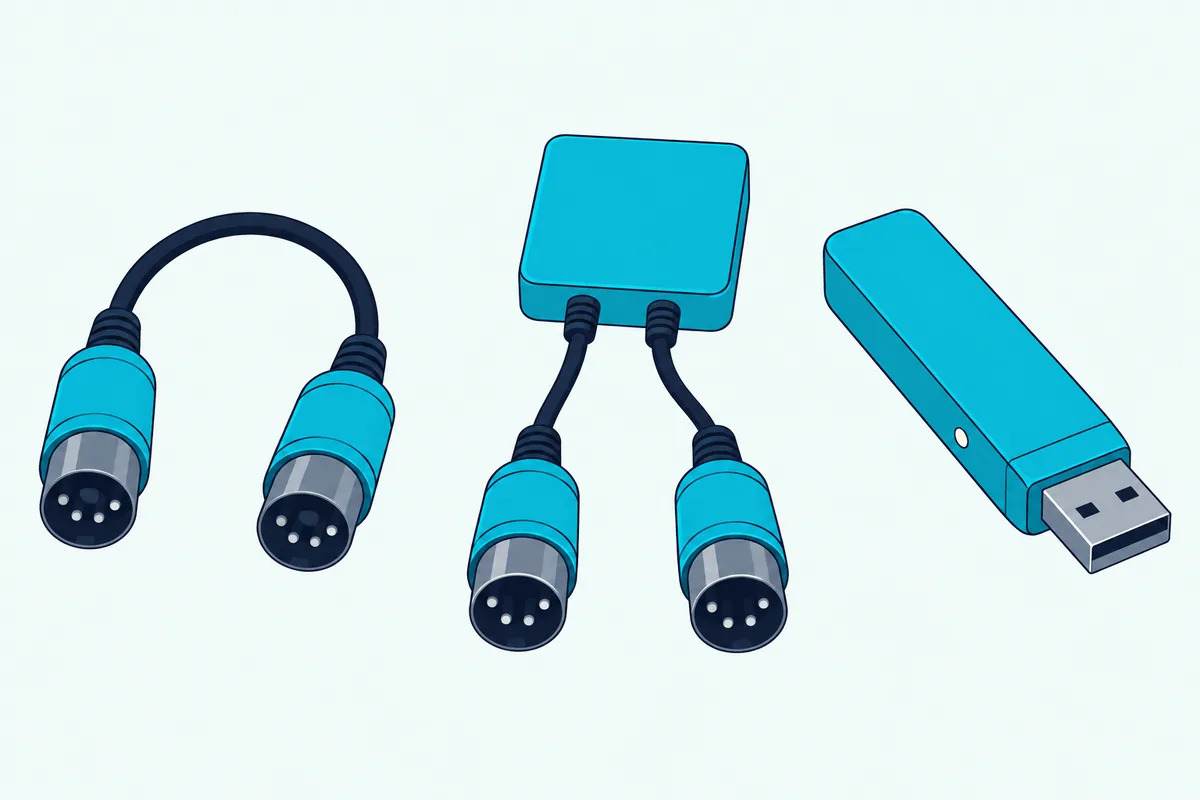 Three MIDI adapters side by side: a 5-pin plug pair, a small square box with two cables and a USB dongle
