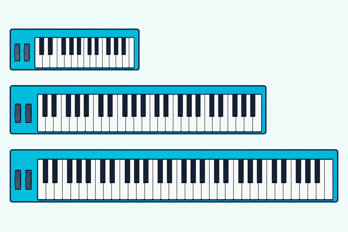 Three MIDI keyboards stacked by size, with 25 mini keys, 49 keys and 61 full-size keys