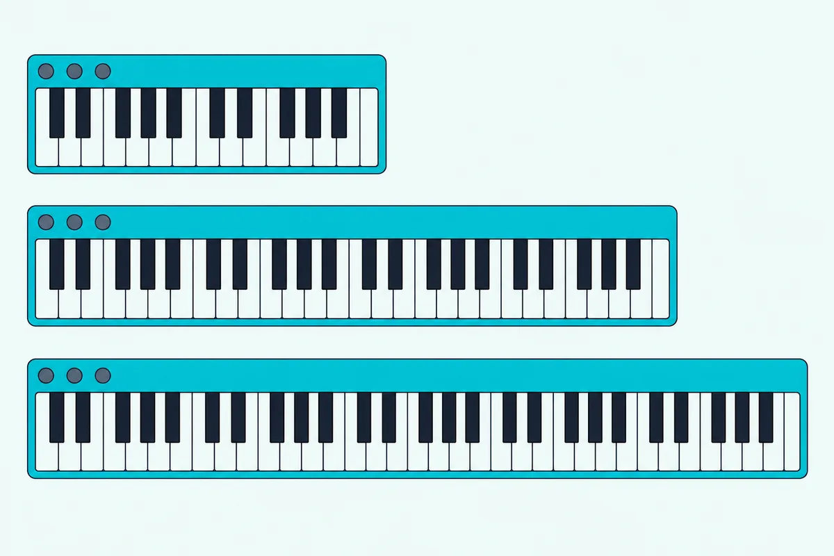 Three MIDI keyboards with twenty-five, forty-nine and sixty-one keys laid out from shortest to longest