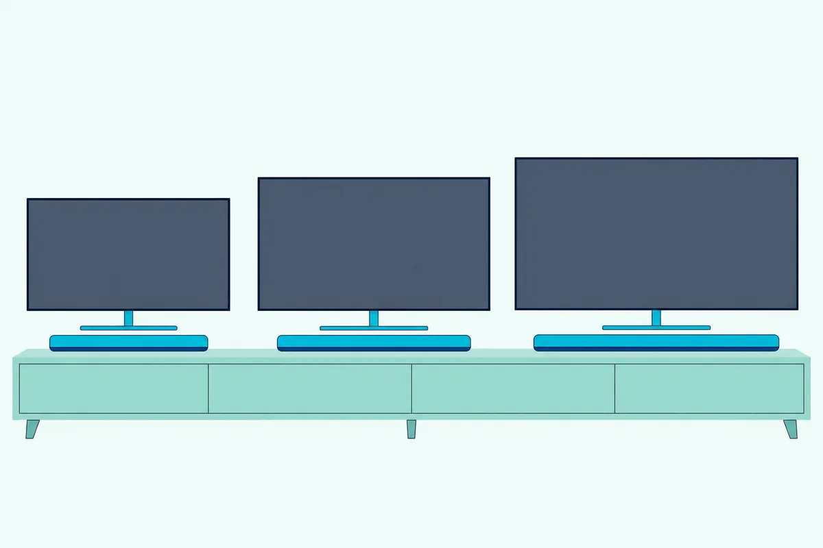 Three OLED TVs of small, medium and large size, each with a soundbar under it sized to the screen