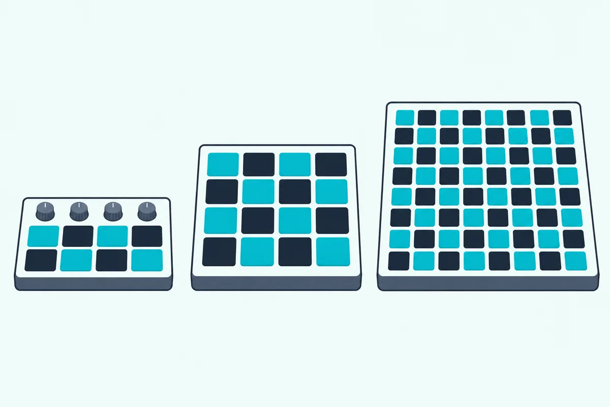 Three pad controllers in a row with eight, sixteen and sixty-four pads, from smallest to largest