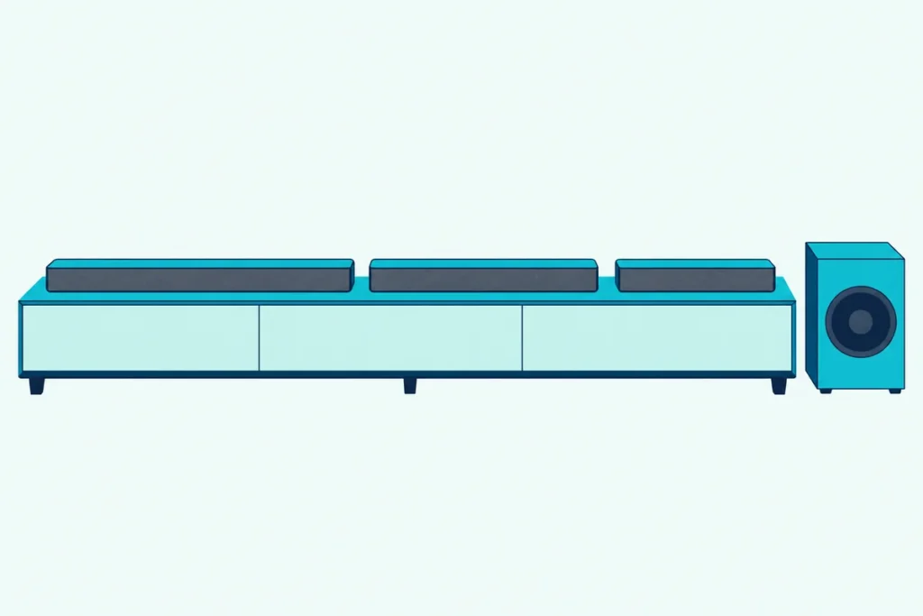 Three slim soundbars on a low media console with one boxy subwoofer standing on the floor beside it