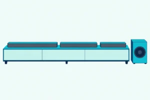 Three slim soundbars on a low media console with one boxy subwoofer standing on the floor beside it