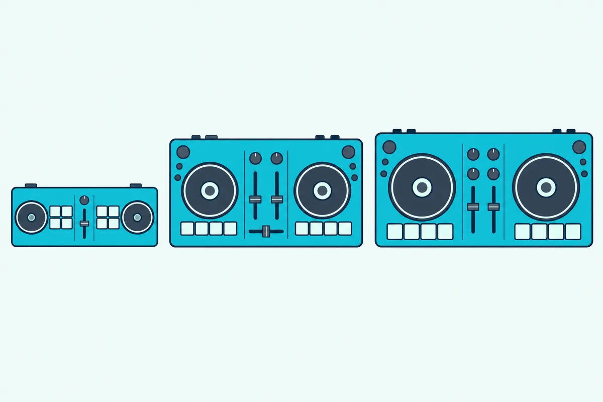 Three small DJ controllers of different sizes side by side, from pocket-sized to compact