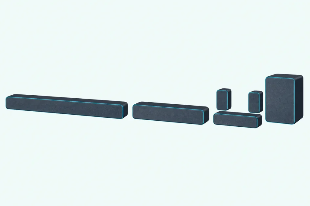 Three soundbar setups: a long slim bar, a shorter bar, and a compact bar with a subwoofer and two rear speakers