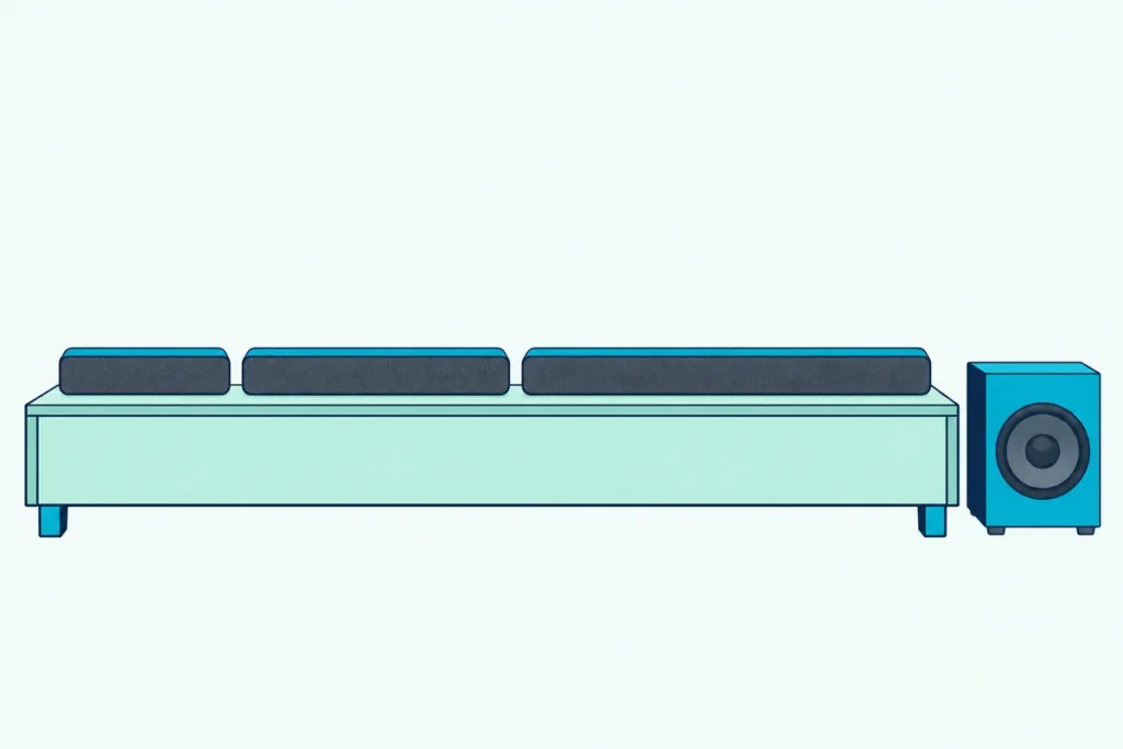 Three soundbars of short, medium and long length on a low TV stand, with a boxy subwoofer beside it