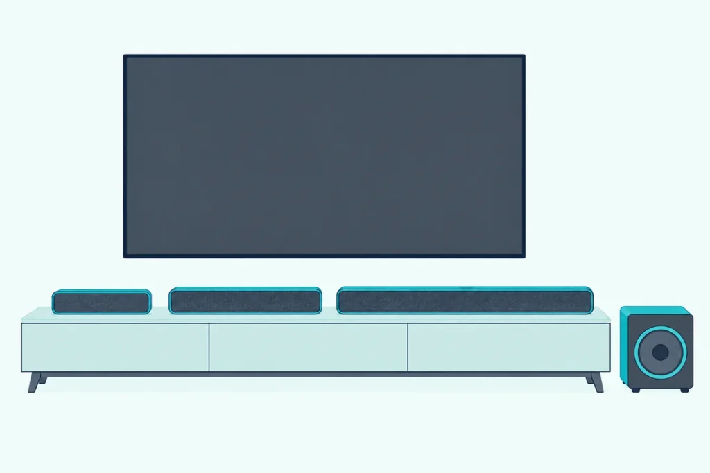 Three soundbars of different lengths on a long media console under a blank wall-mounted TV, with a subwoofer on the floor