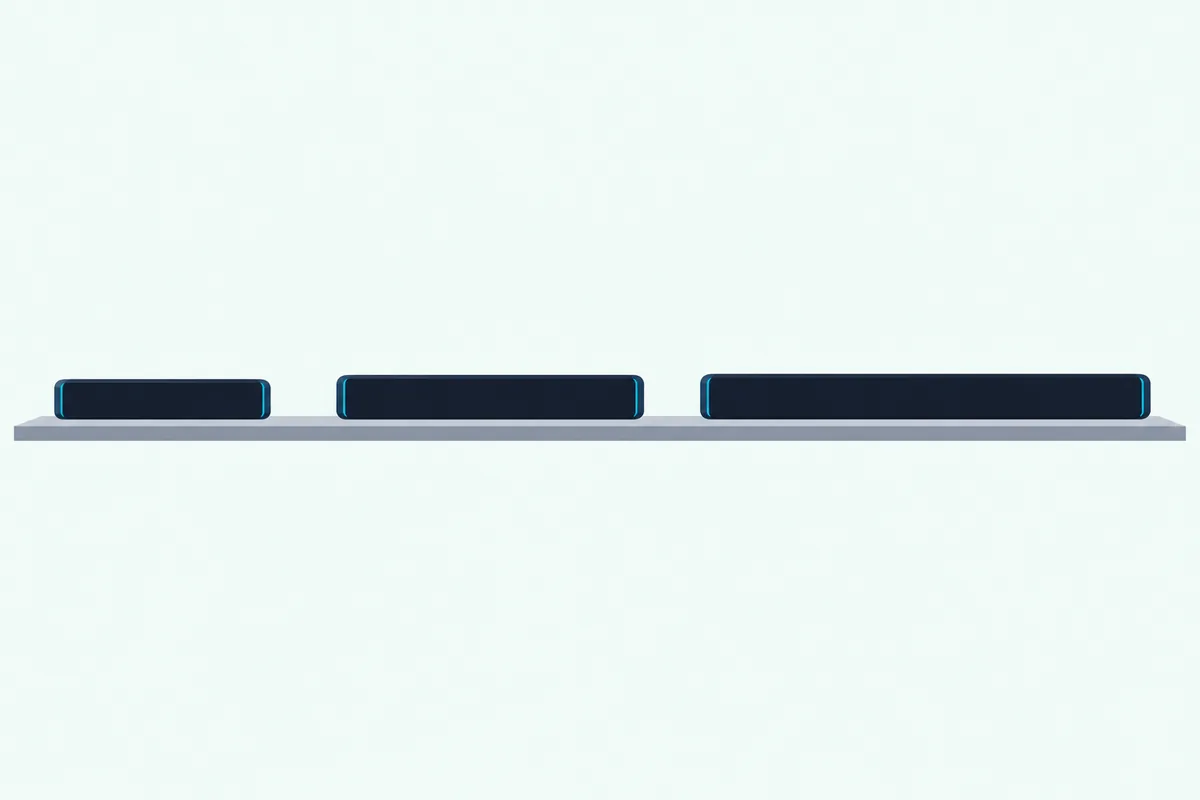 Three plain black soundbars of different lengths lined up on a long wooden shelf against a light wall