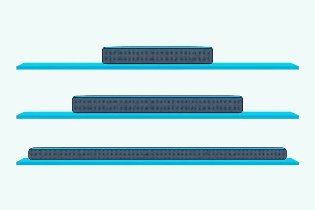 Three soundbars of different lengths on three wall shelves, from a short compact bar to a long slim one