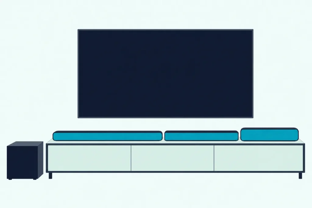 Three soundbars of different lengths side by side on a wide cabinet under a wall-mounted TV with a blank screen