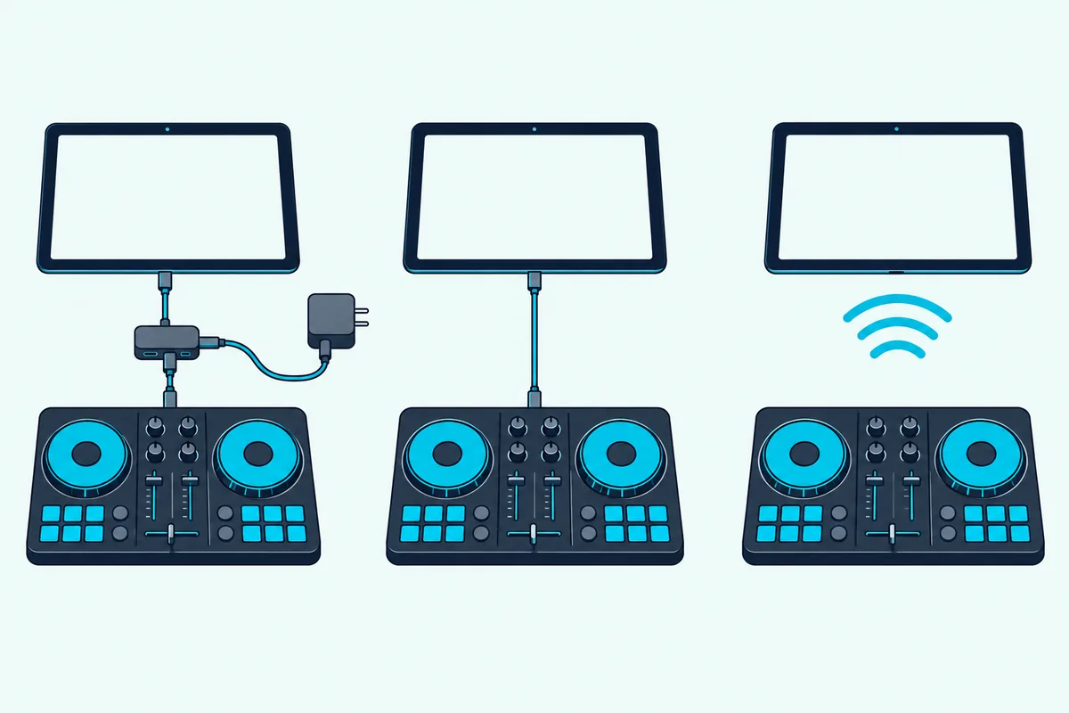 Three tablet and controller pairs: one through an adapter box and charger, one by a single cable, one by wireless arcs