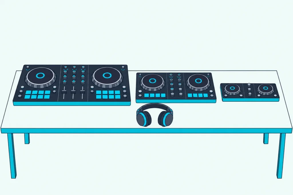 Three two-deck DJ controllers of different sizes side by side on a table, with DJ headphones in front of the middle one
