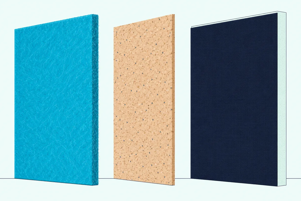 Three wall covering samples standing side by side, a felt sheet, a thin cork sheet and a fabric sheet with a foam backing