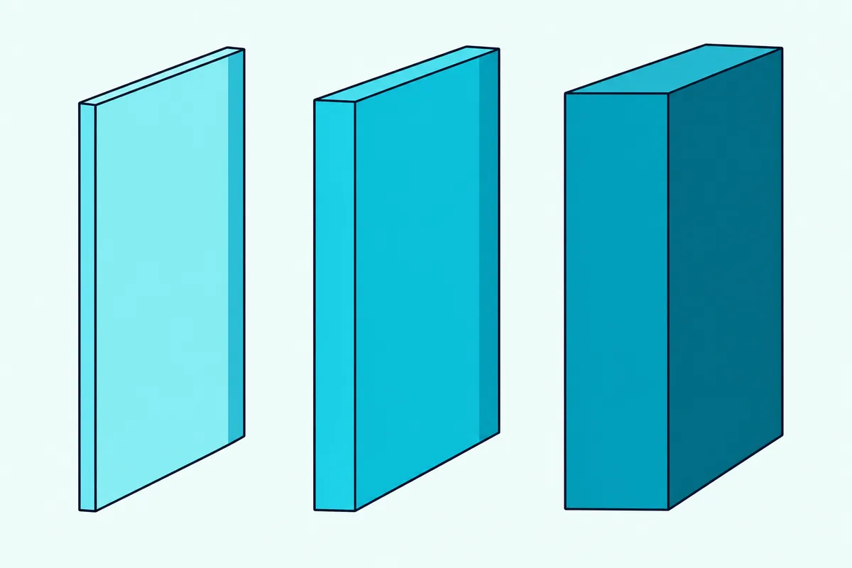 Three wall panels standing in a row, thin, medium and thick