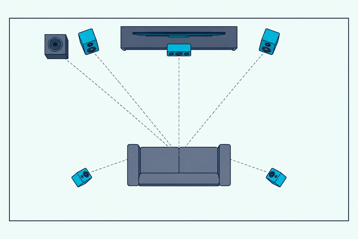 Top-down view of a 5.1 speaker layout: TV, center and front speakers, two surrounds beside a sofa and a subwoofer