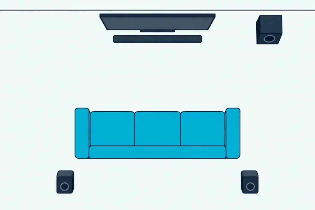 Top-down living room with a TV and soundbar in front, a subwoofer in the corner and two rear speakers behind a sofa