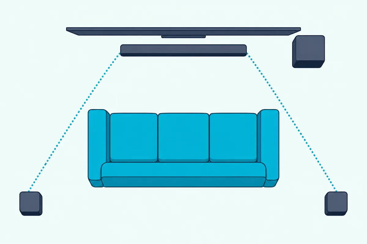 A top-down room plan with a TV, soundbar, subwoofer, sofa and two rear speakers