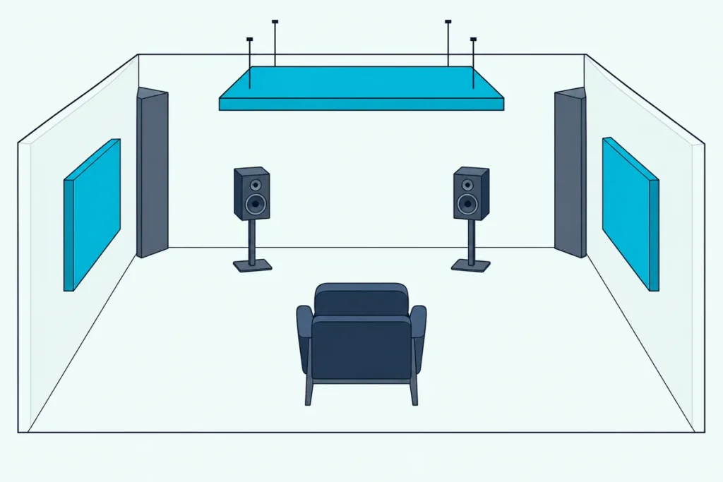 Room with two speakers aimed at a chair, acoustic panels on both side walls and a ceiling cloud above the seat