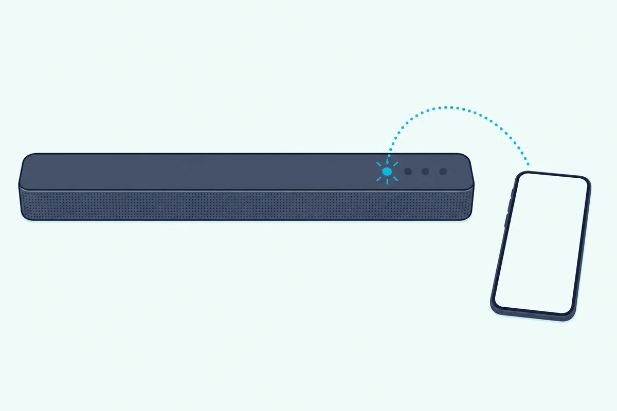 Top of a slim soundbar with a row of four small round lights, the first one blinking, beside a smartphone