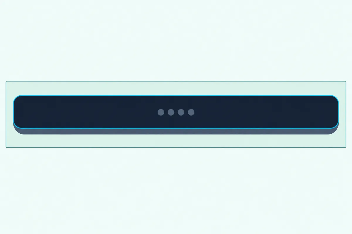 Top of a long soundbar seen from above, with a short row of four plain round buttons in the middle