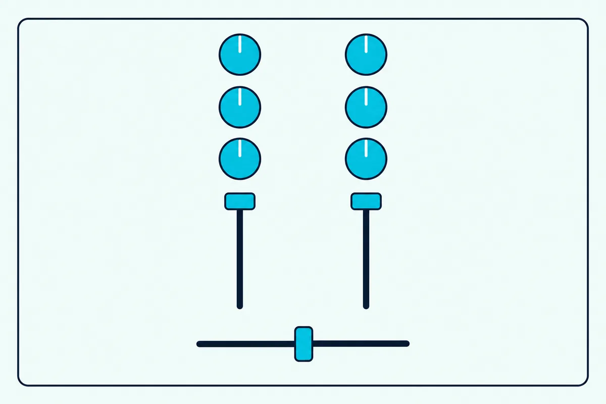 Top view of a DJ controller's mixer section with every knob at the center and both channel faders raised