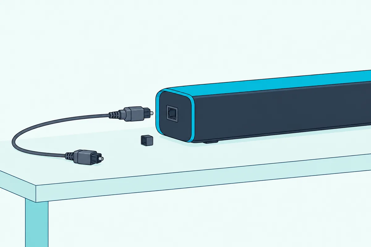 Thin TOSLINK cable with its square plug lined up beside a slim soundbar's small square socket