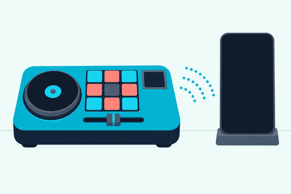 Toy DJ mixer with a smartphone lying beside it and curved wireless arcs between them