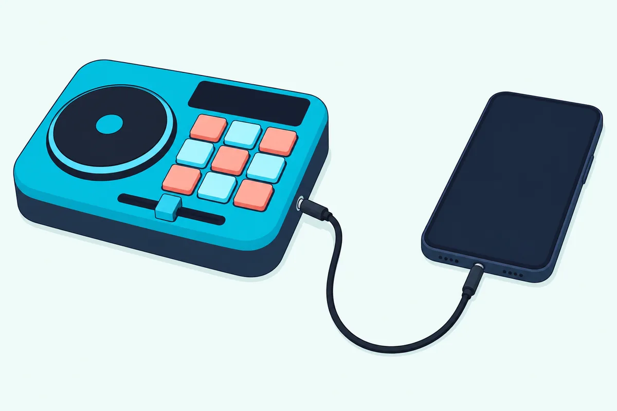 Toy DJ mixer connected to a smartphone by one short 3.5 mm audio cable
