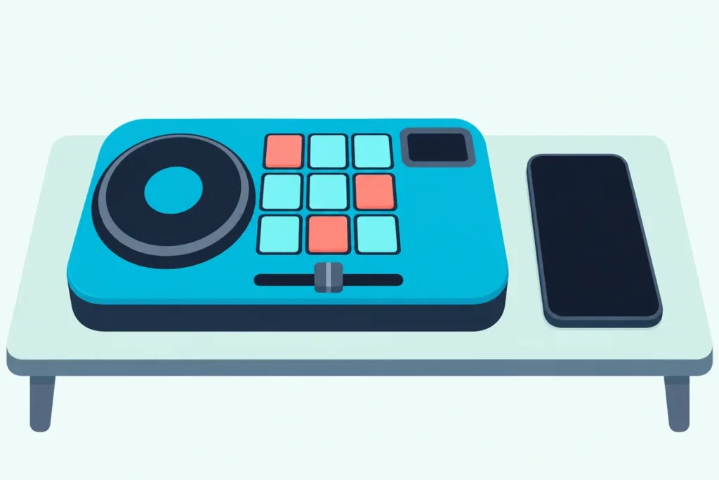 Children's toy DJ mixer with a small turntable and light-up pads on a table beside a smartphone