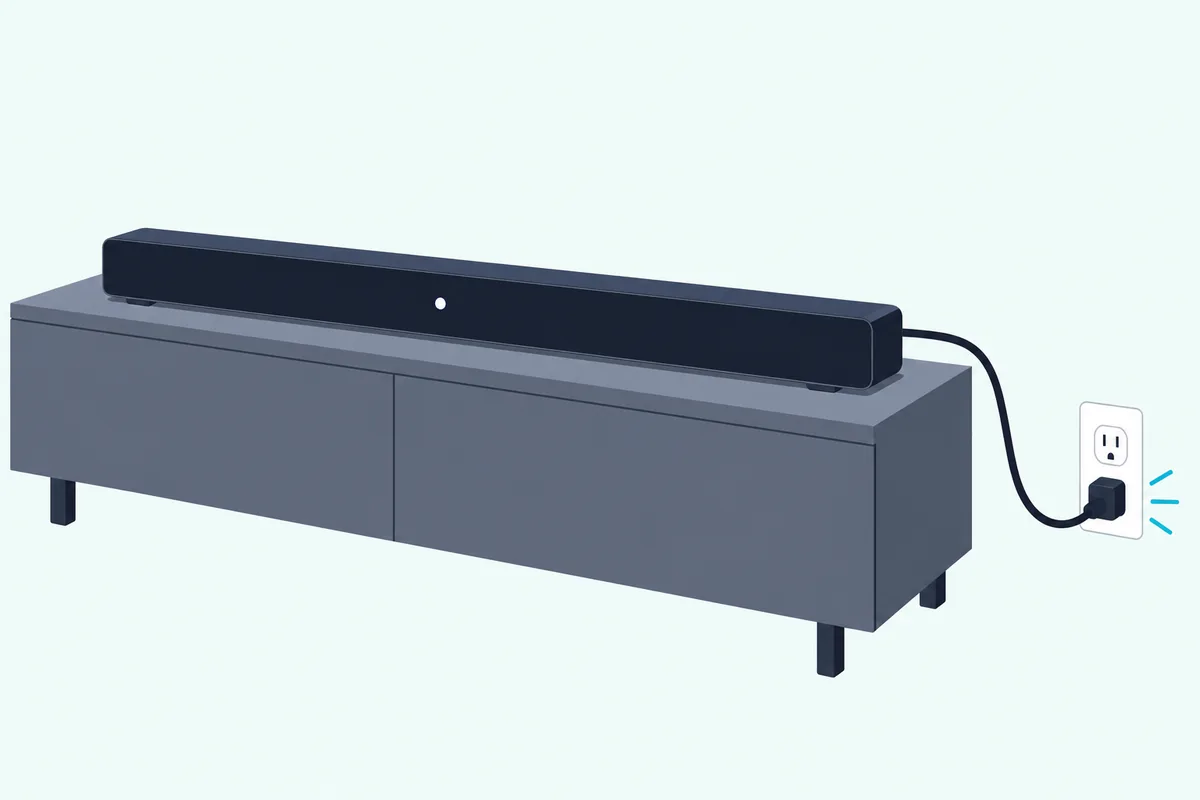 Slim black soundbar on a TV stand with its power cord plugged into a wall outlet and a small light glowing on its front