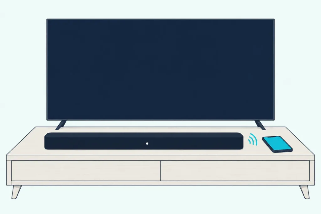 Slim black soundbar under a blank TV with its light on and a phone beside it sending signal arcs, no remote in sight