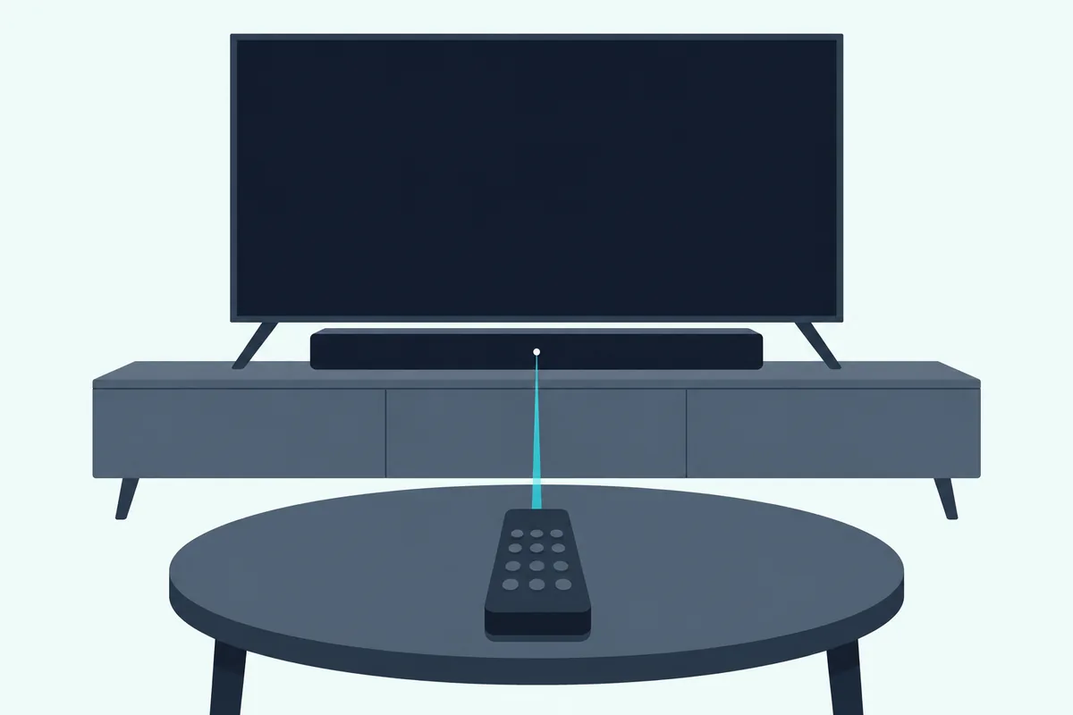 Black TV remote lying on a coffee table and pointed at a soundbar below a TV, with a faint beam between them