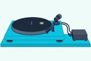A turntable on a shelf with a bubble level on its platter, a tonearm counterweight and cables to a small phono preamp