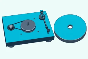 A turntable with its platter lifted off and set beside it, showing the drive belt looped around the motor pulley
