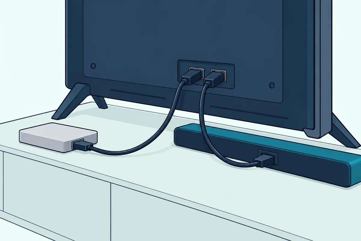Lower back panel of a TV with one HDMI cable in from a streaming box and a second HDMI cable down to a soundbar