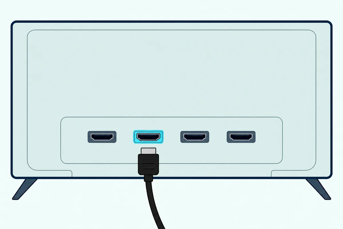 Flat TV back panel with a row of HDMI sockets and one socket highlighted in teal