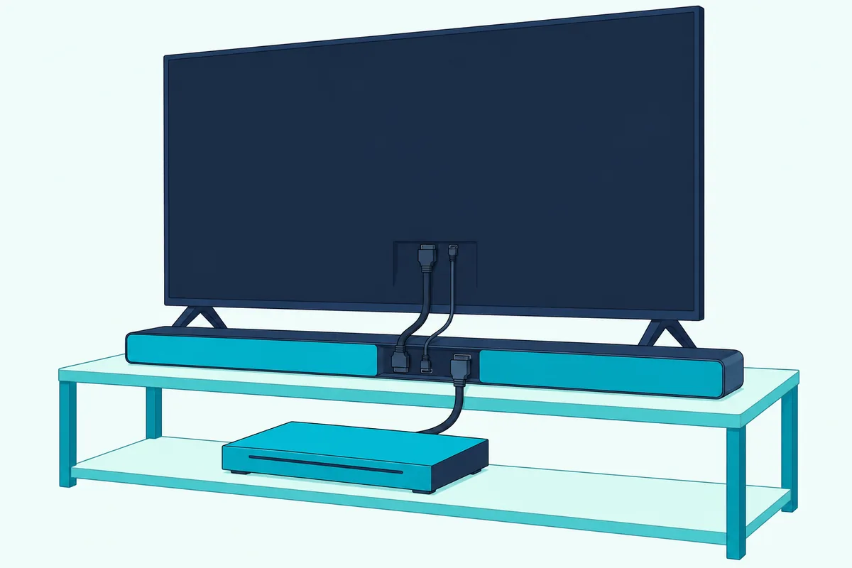 TV joined to a slim soundbar by both an HDMI cable and a thin optical cable, with a disc player on the shelf below